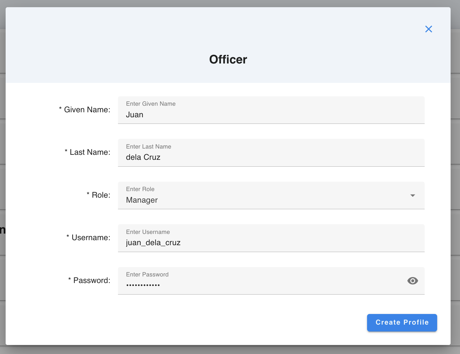 Officer profile creation form Officer profile creation form